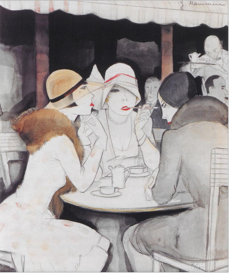 Drei elegant gekleidete Frauen der 1920er in einem Café, sitzen am Tisch, rauchen und trinken.